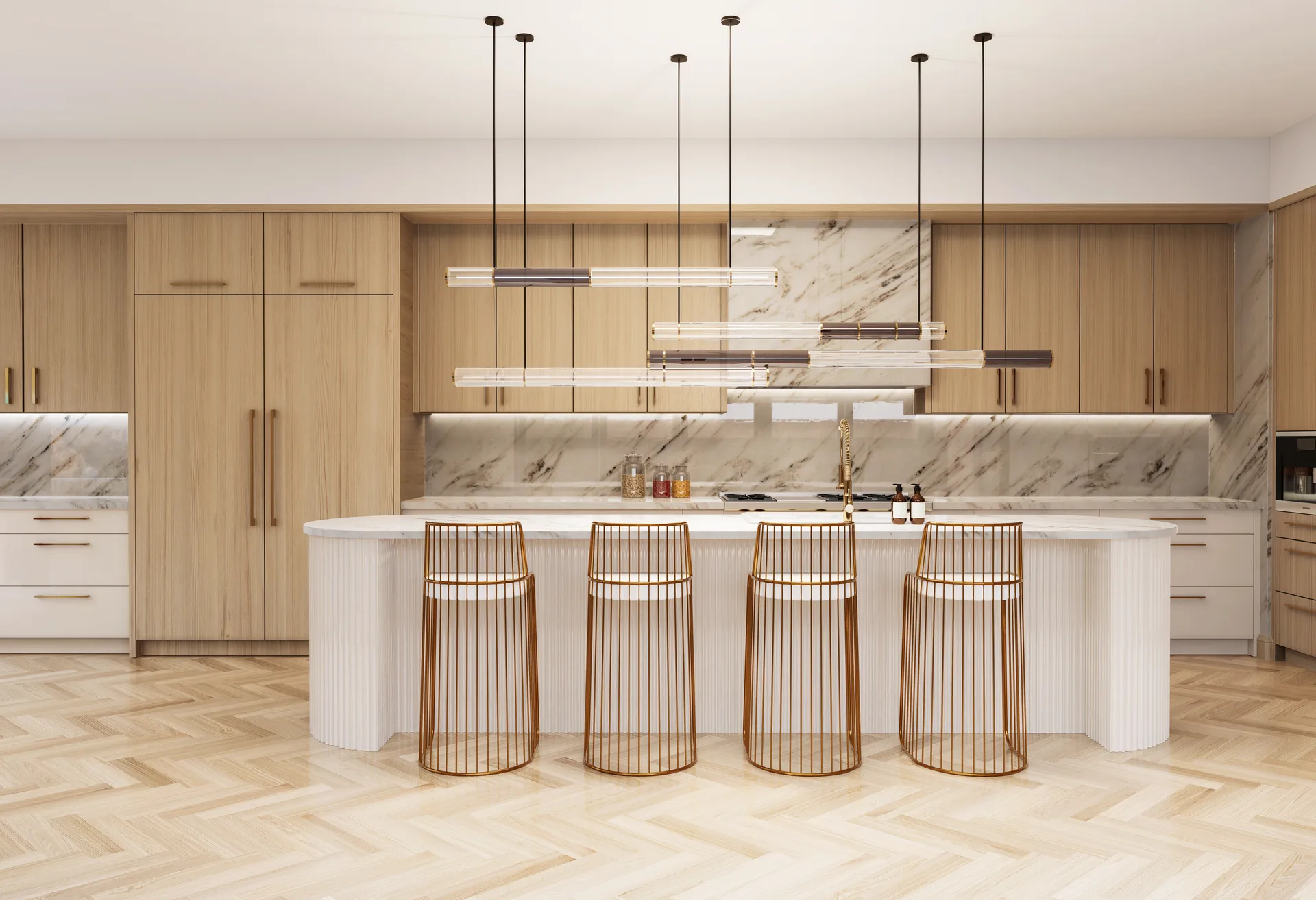 Kitchen with timber cabinetry, stone island and pendant lights