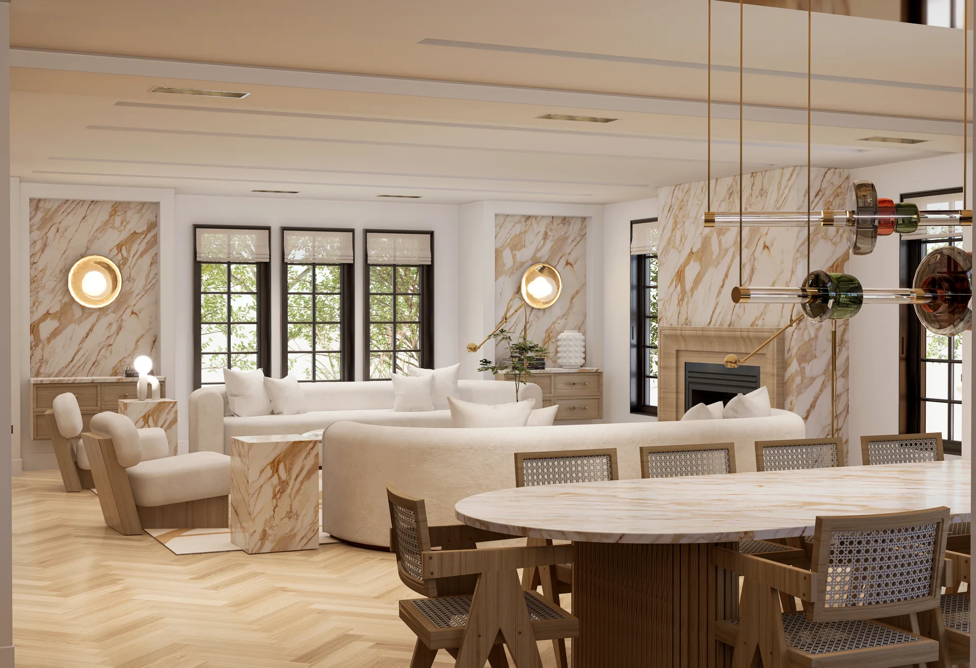 Living and dining area with pale upholstery