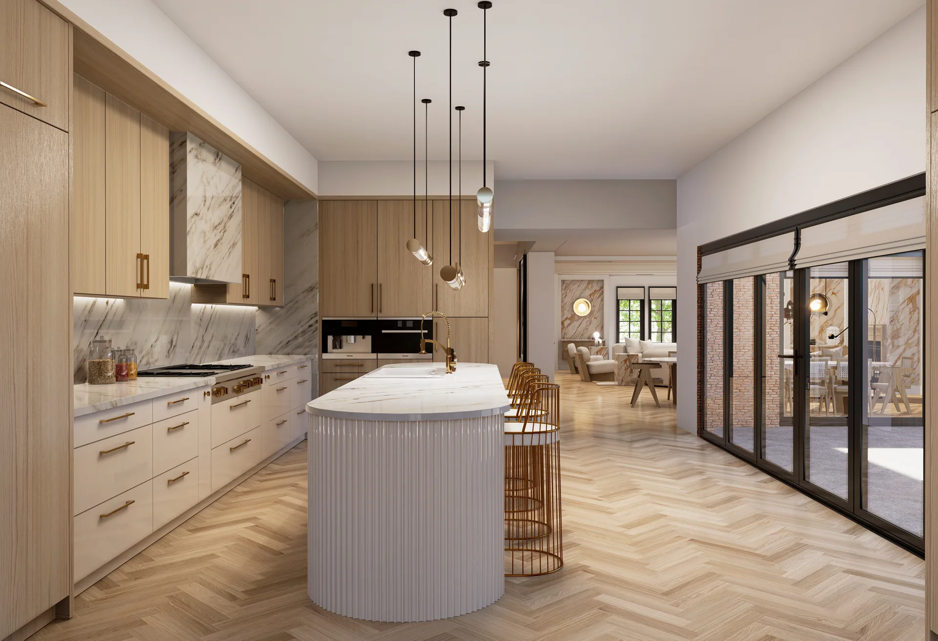 Side view of the kitchen island and glass doors