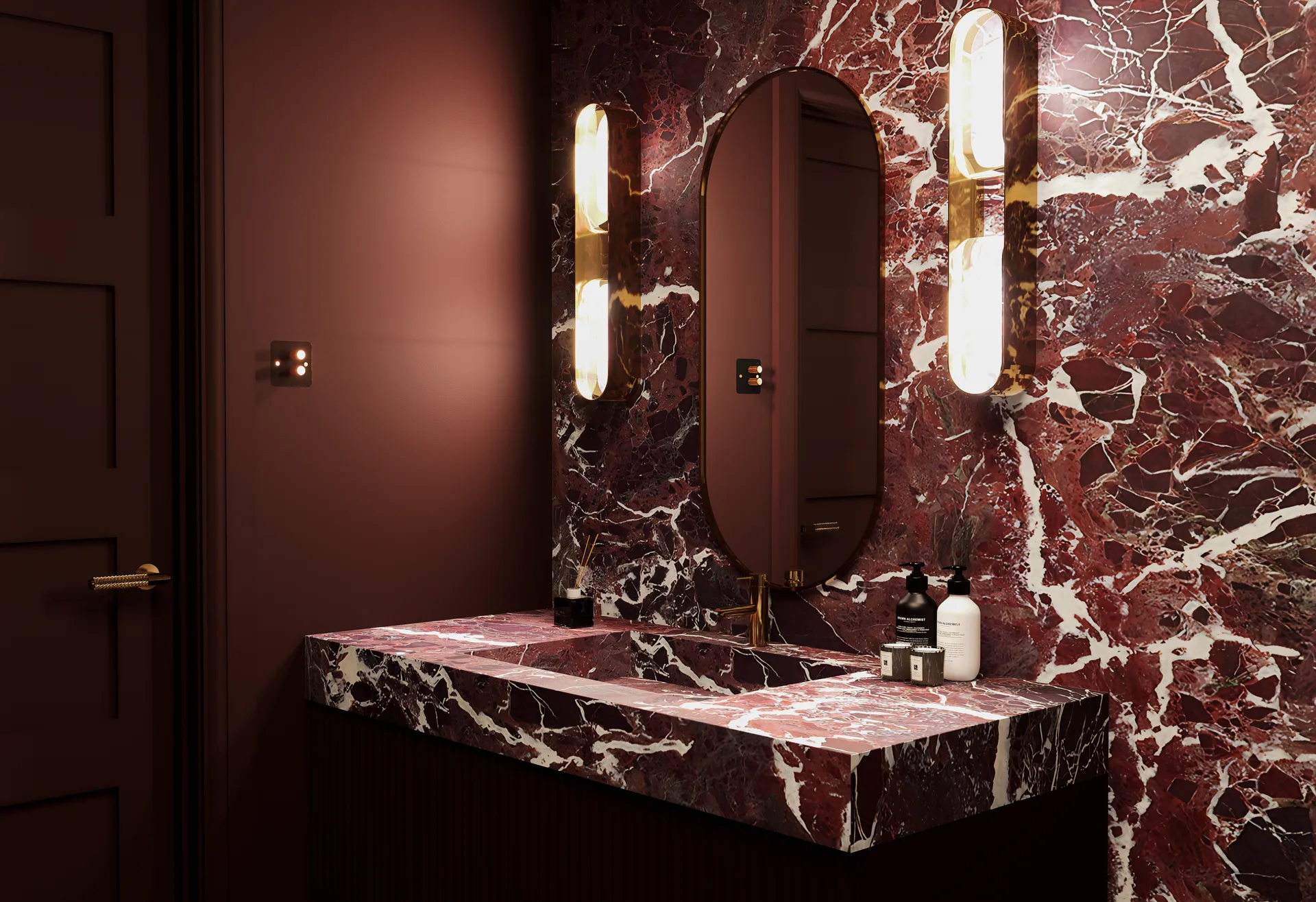 Burgundy marble vanity and arched mirror