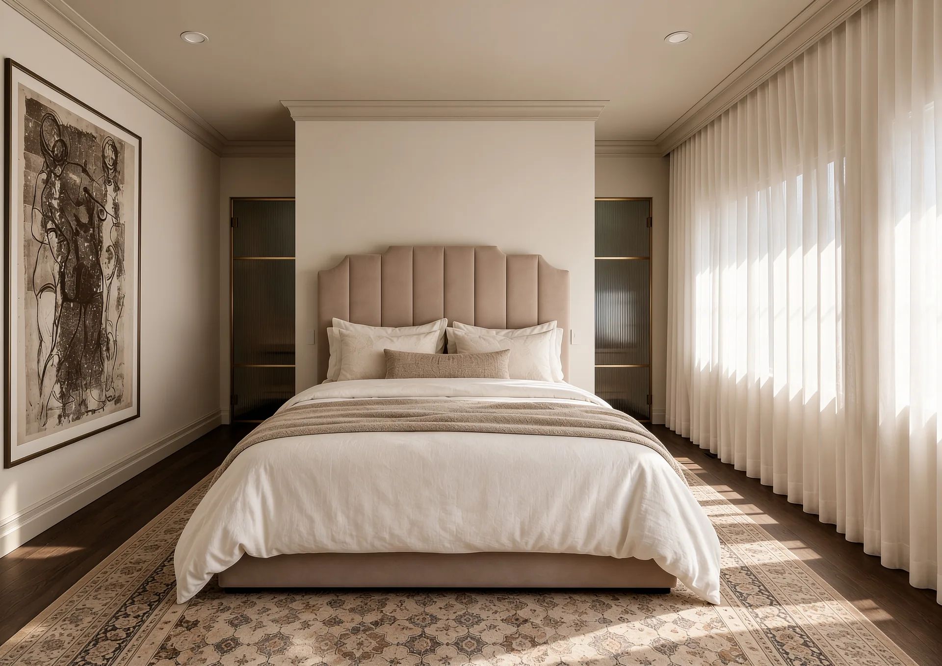 Bedroom with upholstered headboard and soft curtains
