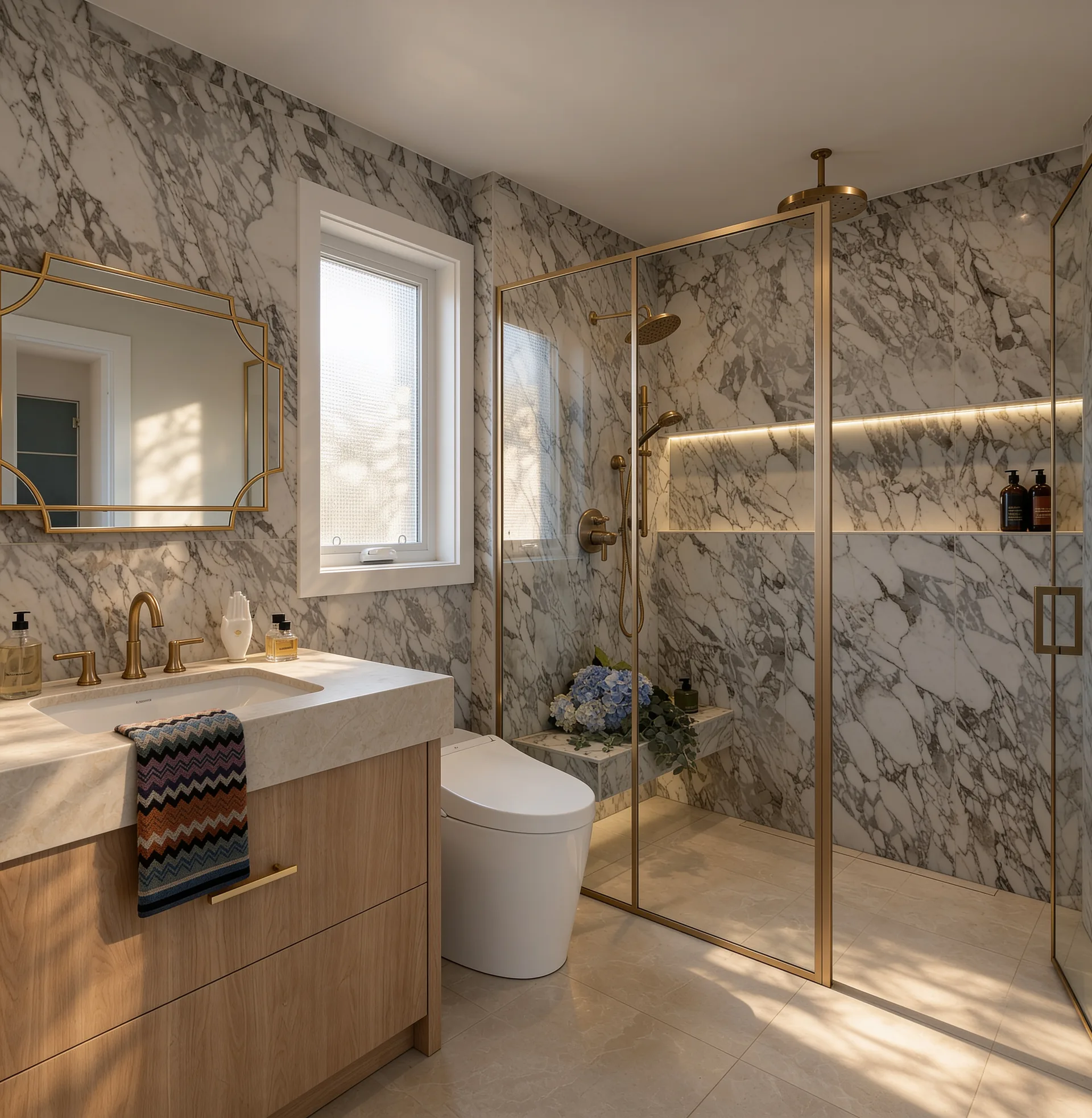 Stone bathroom with glass shower and timber vanity