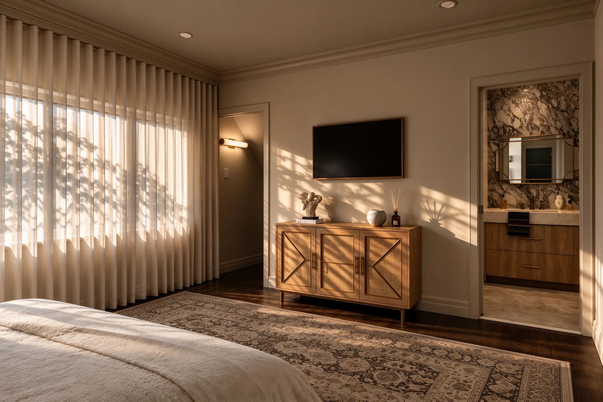 Bedroom cabinetry in warm afternoon light