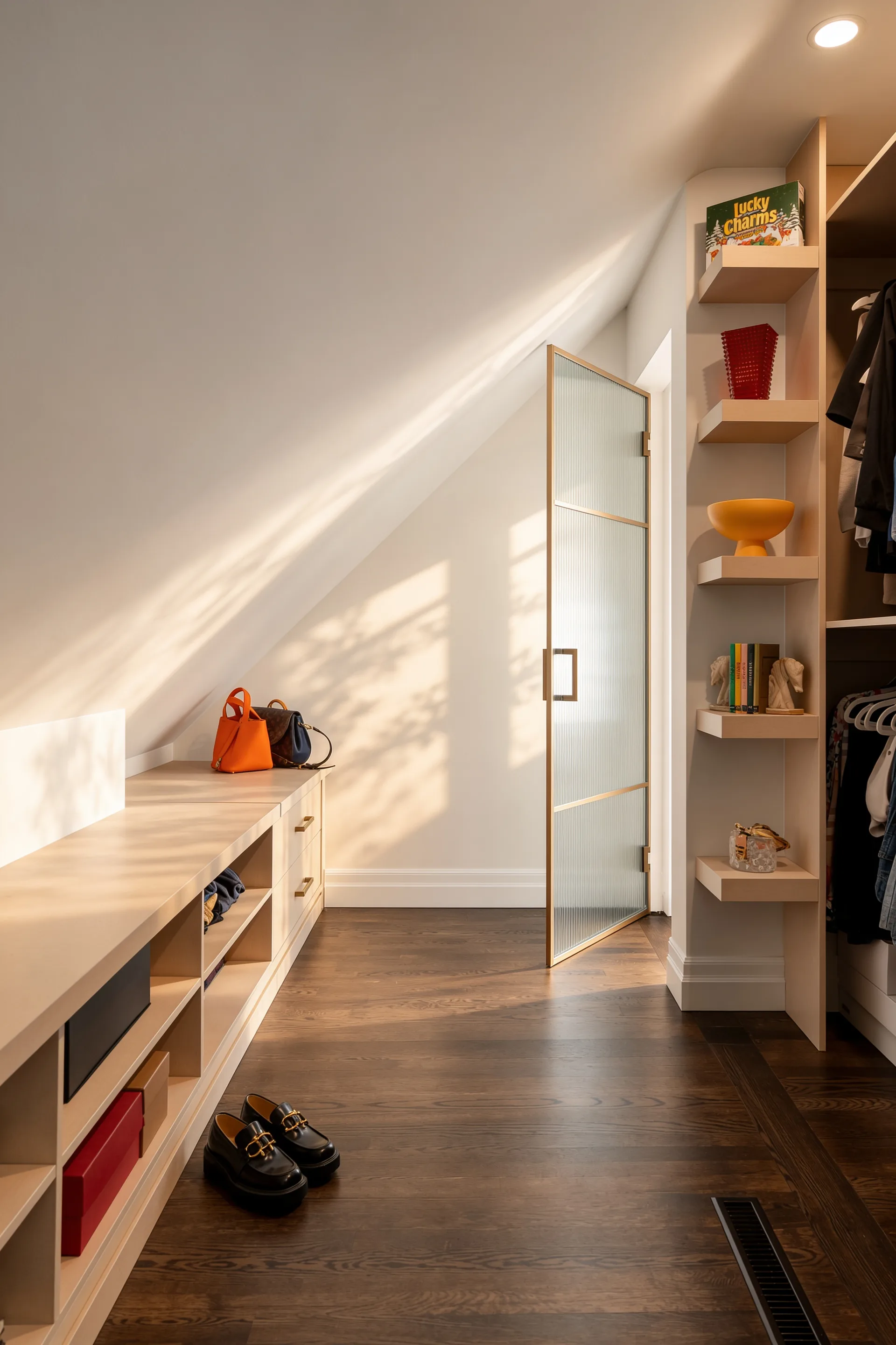 Timber shelving beside a sunlit doorway