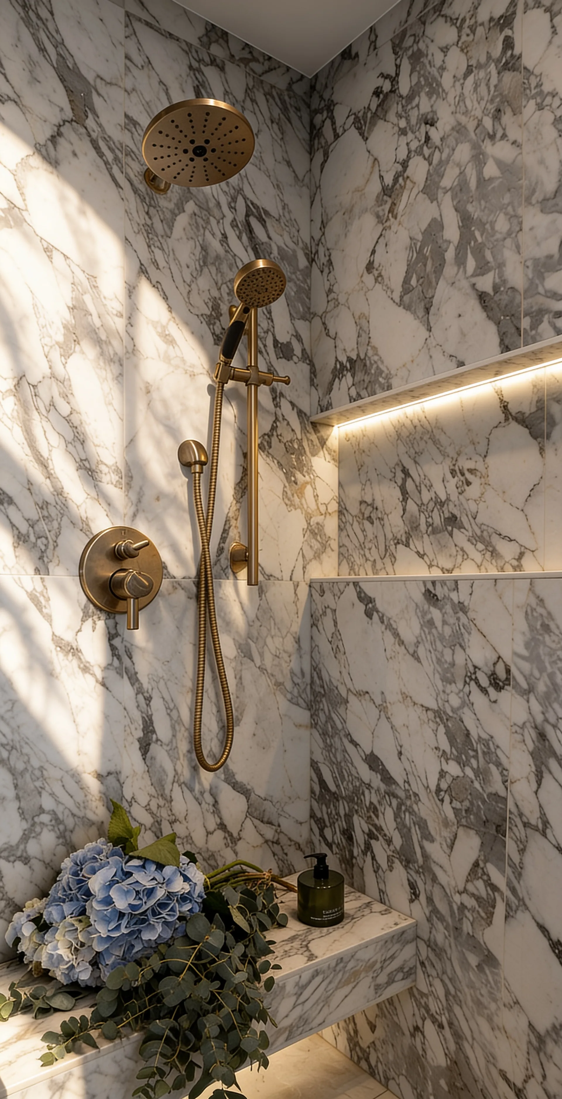 Close view of patterned stone and brass shower fittings