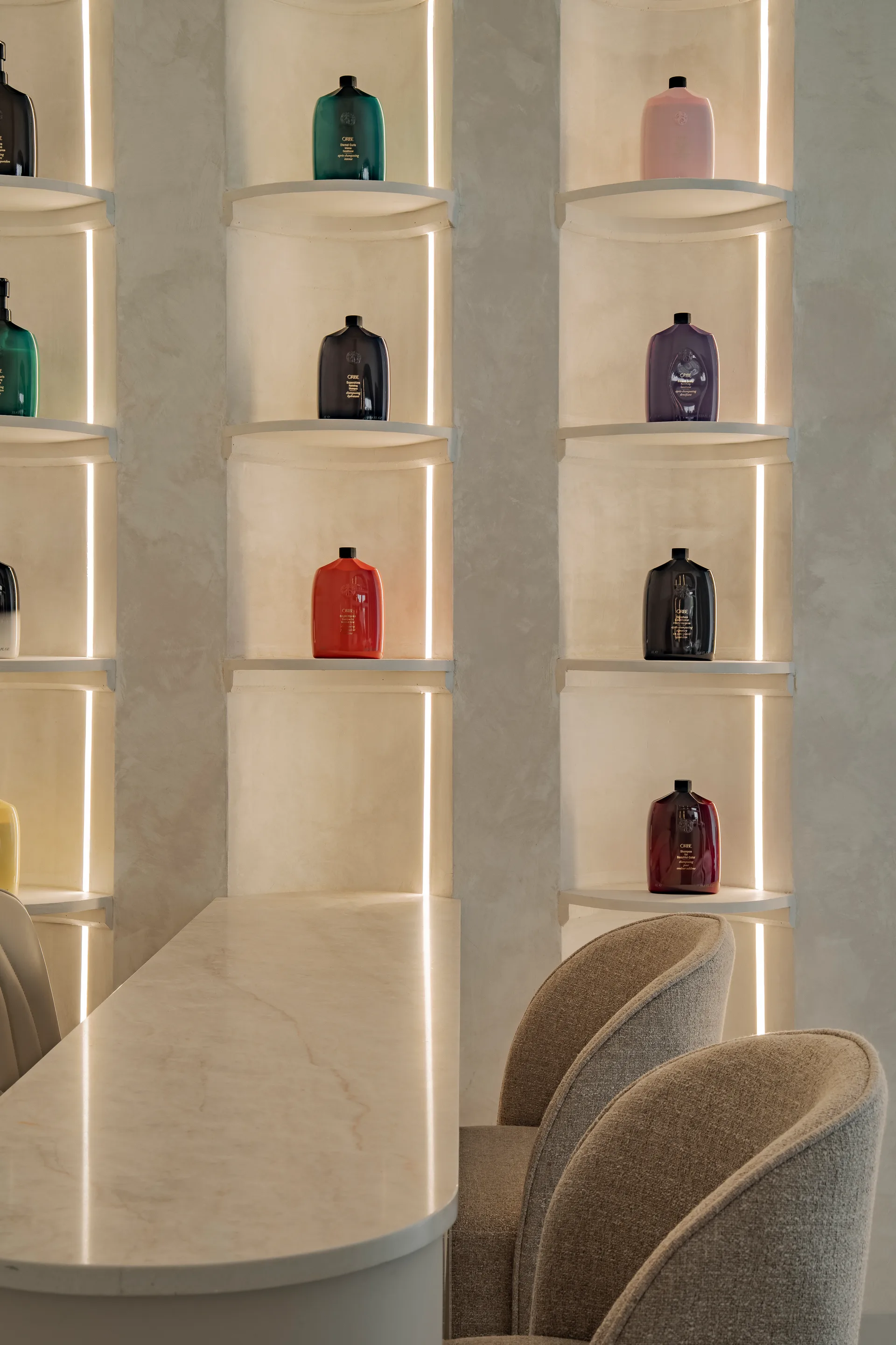 Close view of product shelving with integrated lighting