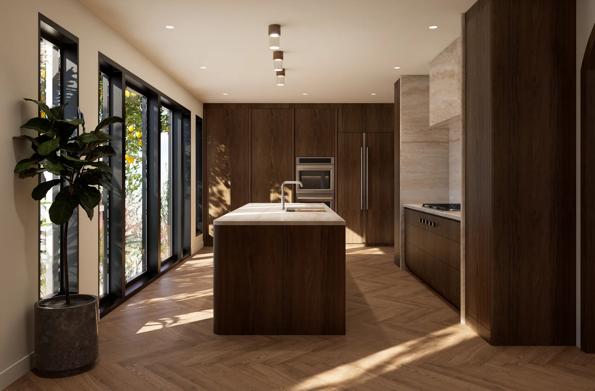 Timber kitchen with a central island beside tall windows