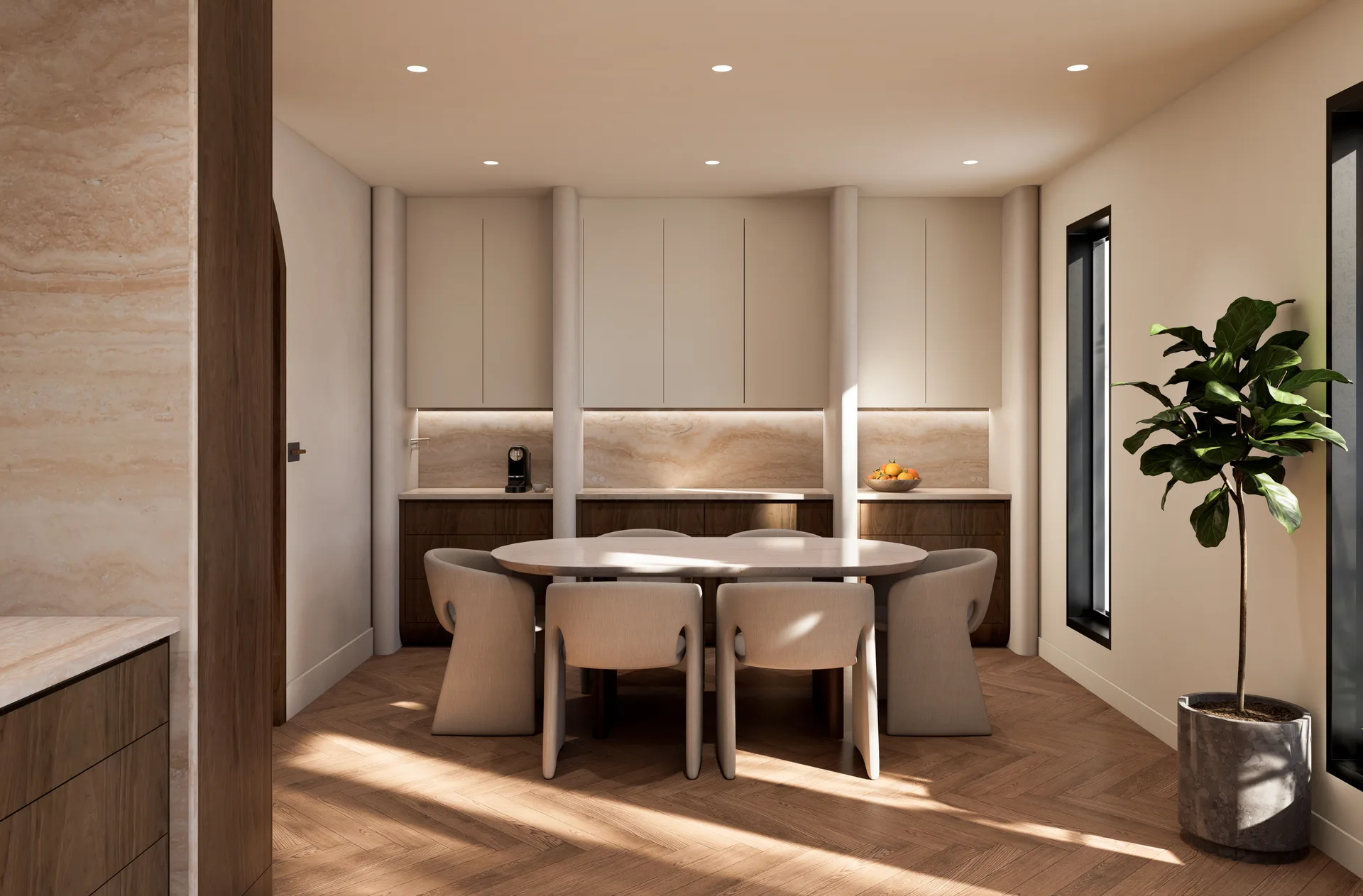 Dining nook with a round table and built-in bench