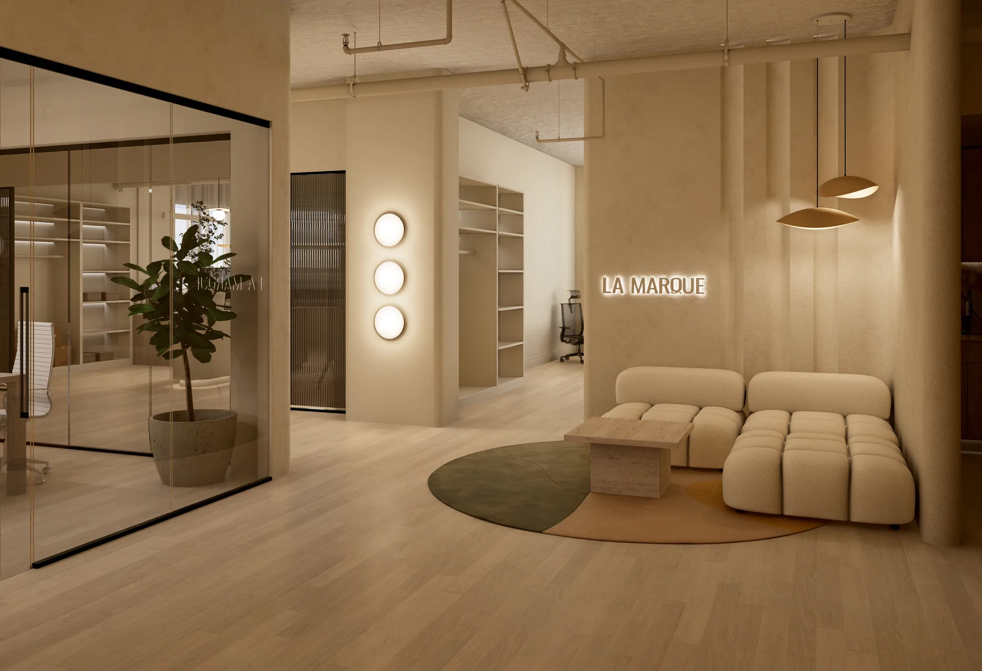 Lounge with a cream sofa and glass partition