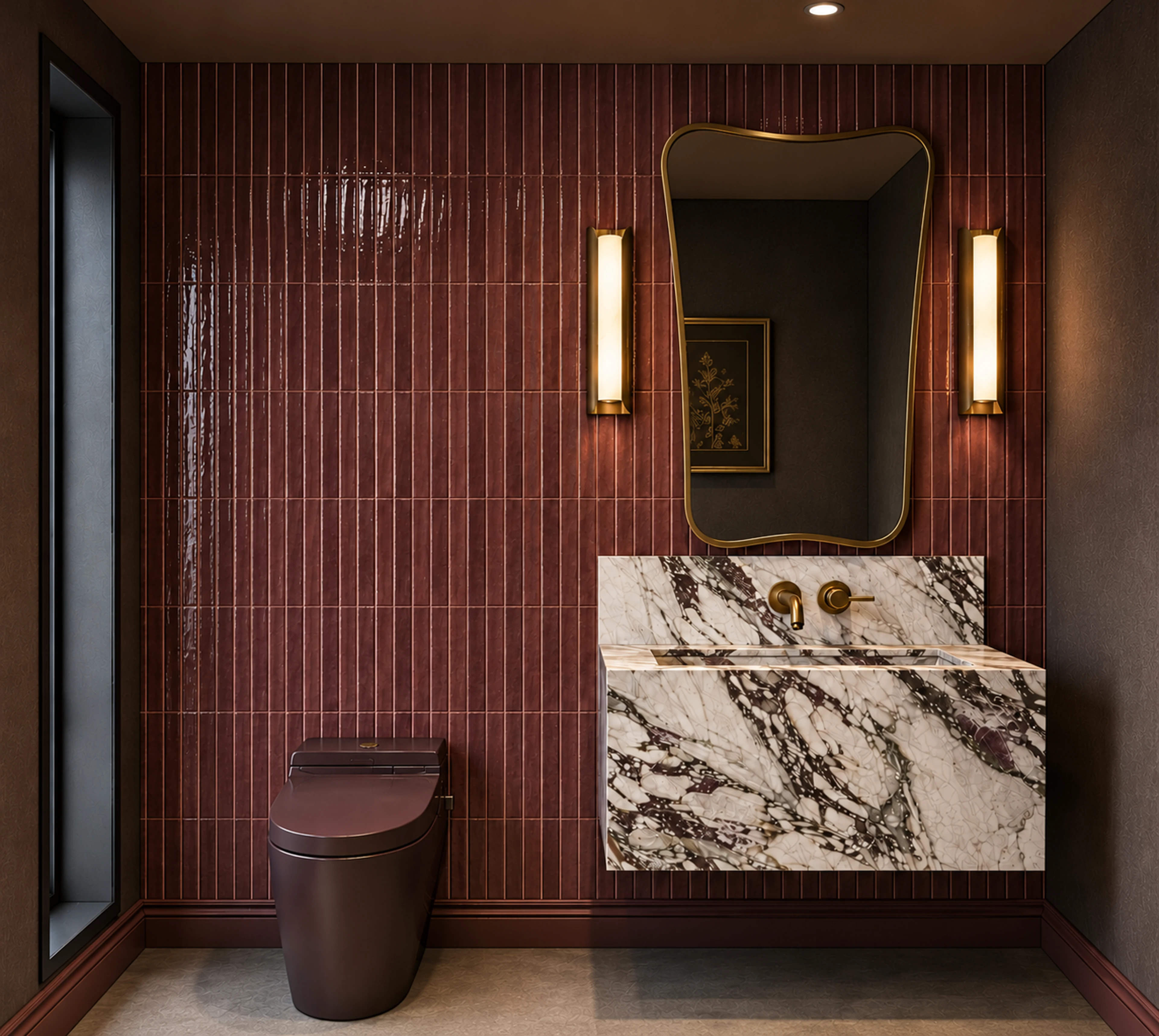 Dark bathroom with red tile and veined stone vanity