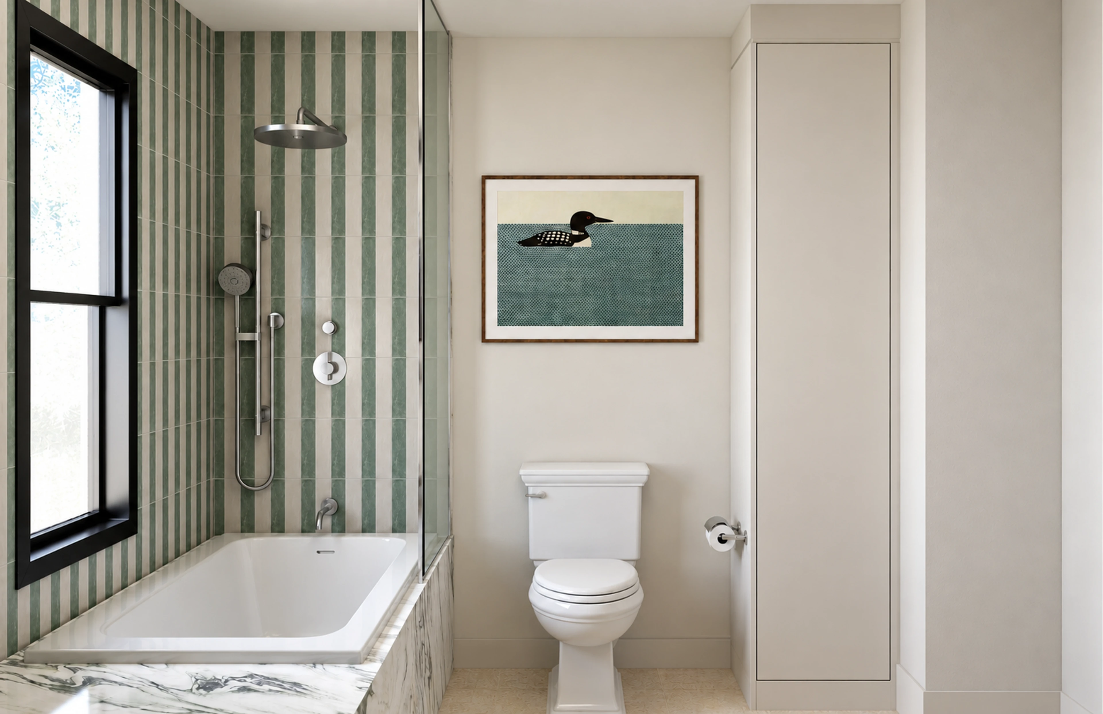 Pale bathroom with bathtub and glass shower